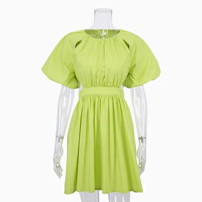 nvxiot  -  Green Puff Sleeve Elegant Woman Summer Shirt Dresses Female Zipper Fashion Spring Vintage Sexy Backless Casual Vestido  New