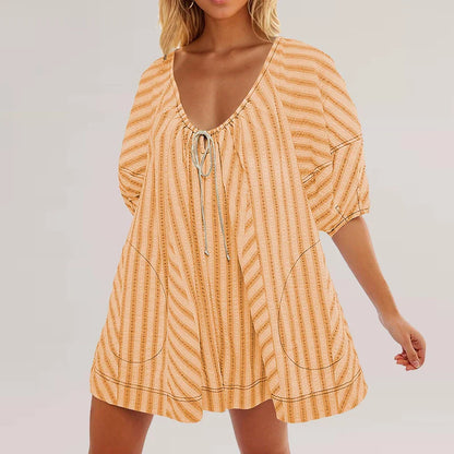 vzyzv -  New 2024 Summer Striped Print Loose Shorts Jumpsuit Ladies Sexy V Neck Lace Up Beach Playsuit Fashion Puff Sleeve Pocket Romper