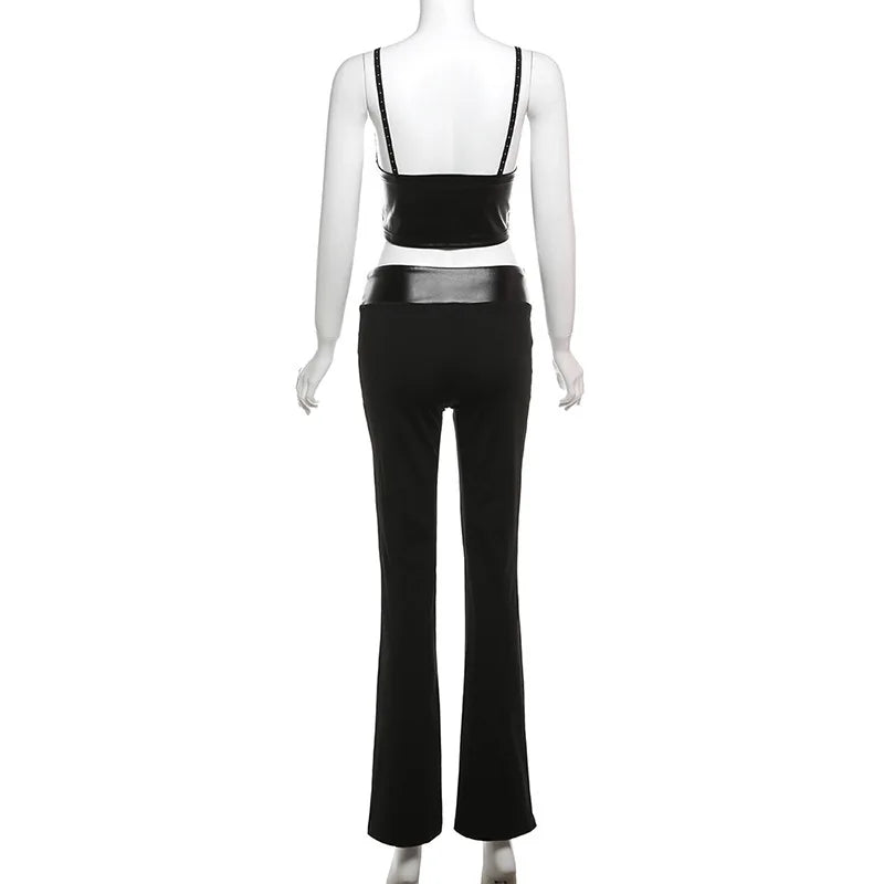 vzyzv  -  Black Slim Fit Trousers Set Camisole Off Back V Neck Lace Spliced Asymmetrical Top High Waist Micro Raging Pants Suit