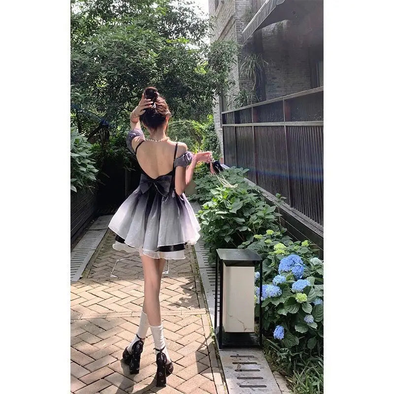 nvxiot   -  Summer Women Elegant Black Gradient A-line Tutu Party Dress Off Shoulder Patchwork Birthday Party Dress Backless Prom Dress