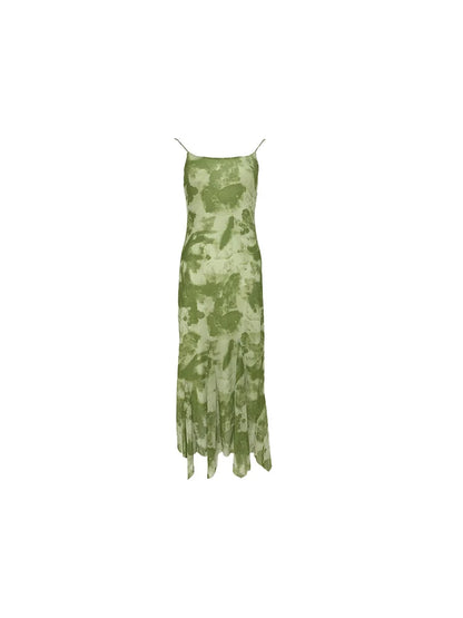 nvxiot  -  French green printed suspender dress for women's summer halo dyed irregular mid length dress