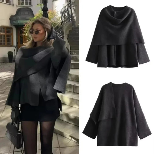 vzyzv  -  Fashion Asymmetric Scarf Knitted Jacket Women O Neck Single Button Side Slit Solid Loose Coat Winter New Female Chic Outerwear