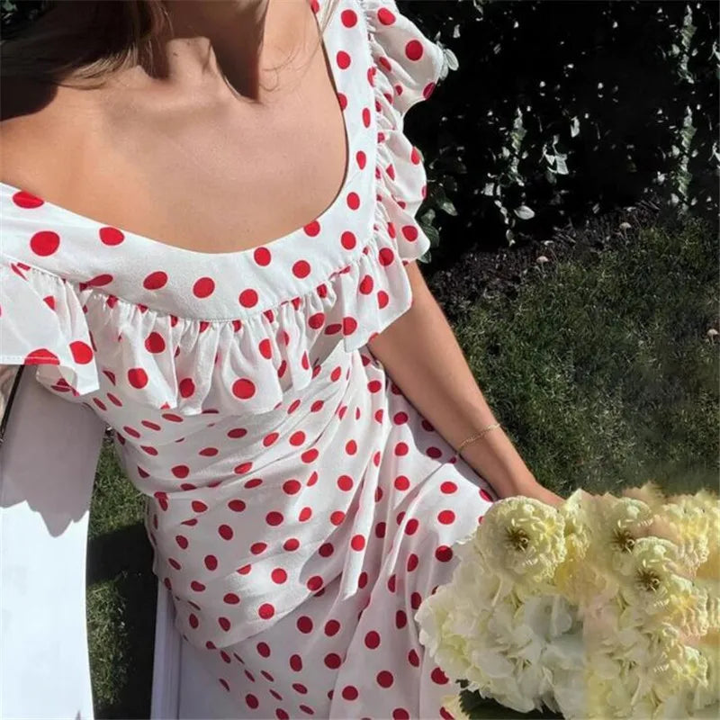 vzyzv  -  French Retro Red Porka Dot Strapless Long Holiday Dress New Summer Fashion Ruffles Fairy Beach Dress Off Shoulder Seaside Skirt