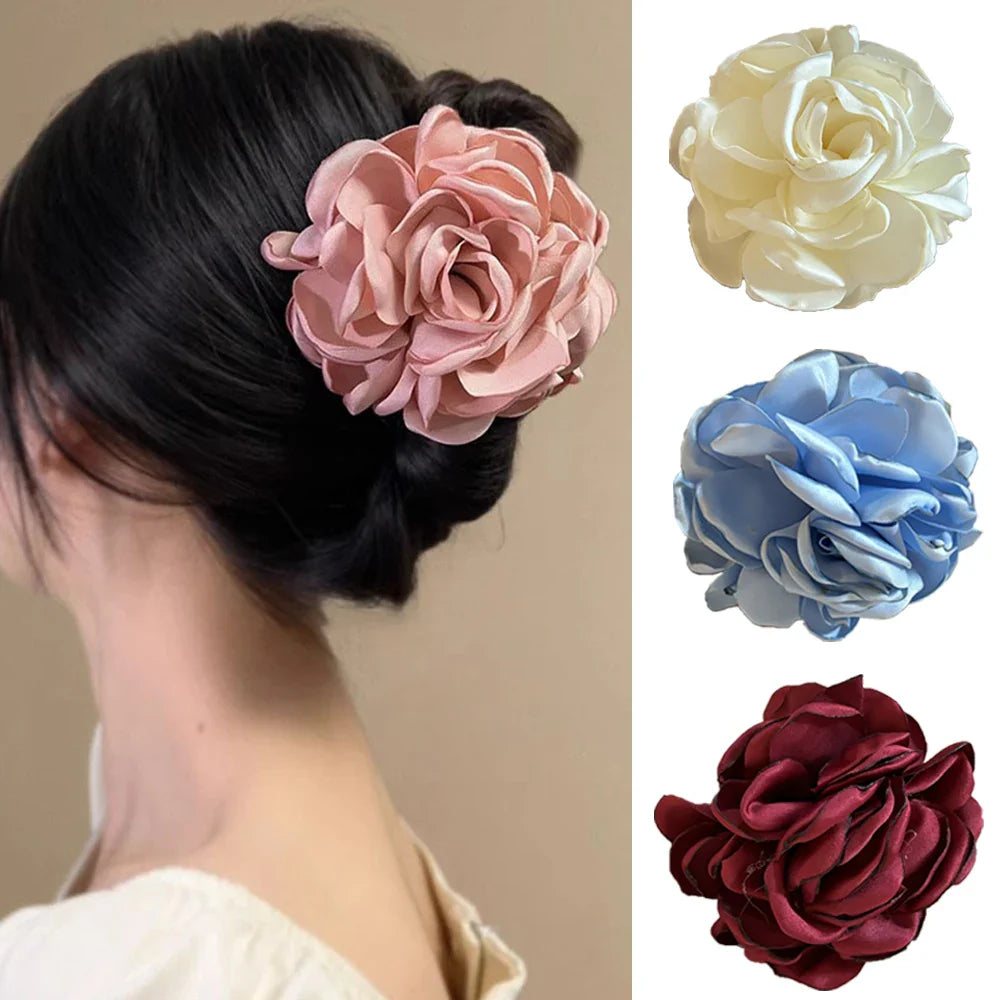 vzyzv -  Fashion Boho Satin Rose Flower Large Hair Claw Clip For Women Spring Summer Beach Trendy Design Korean Colored Hairpin Headdress