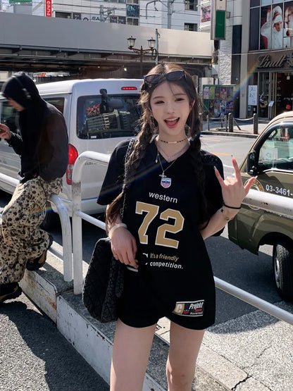 vzyzv  -  Hip Hop Oversized Sports Number Tee Basketball Jersey Women Short Sleeve V Neck T-shirts Cotton American Retro Clothes