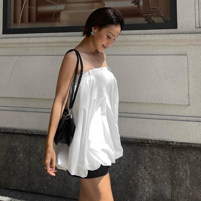 vzyzv -  New White Strapless Dress Women Sleeveless Loose Ruched Short Dress Backless Splice Casual Bandage Female Clothes Summer