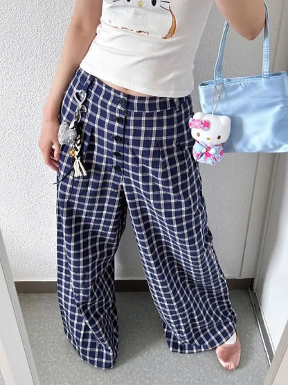 vzyzv  -  Harajuku Plaid Women Pants Low Waist Korean Style Trousers Vintage Casual Wide Leg Checked Pants Baggy Retro Fashion