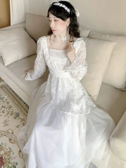 vzyzv -  Vintage Elegant Evening Party Long Dress Women Lace France Retro Princess Fairy White Korea Sweet Dress Female Summer