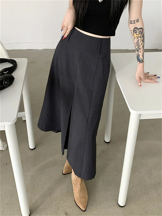 vzyzv  -  Grey Long Skirts All Match Women Loose Autumn Gentle Chic Slim Solid Office Lady Daily High Street Fashion