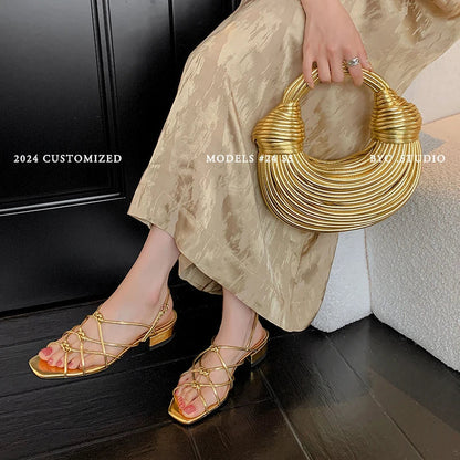 vzyzv  -  Women Sandals Narrow Band  Retro Ladies Summer Sandals Gold Brown Roman Style Vintage Gladiator Shoes On Med Heel 3 CM