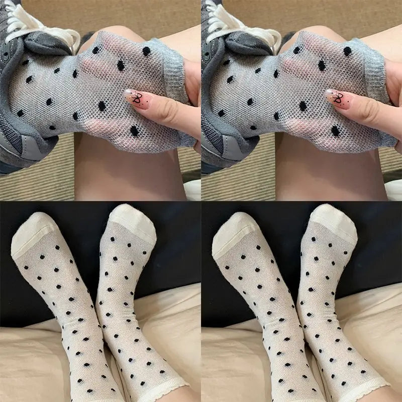 vzyzv -  Summer Thin Bow Dot Lace Mid Tube Socks Versatile Mesh Hollow College Style Sweet Stacked Socks Japanese JK Calf Socks for Women