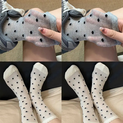 vzyzv -  Summer Thin Bow Dot Lace Mid Tube Socks Versatile Mesh Hollow College Style Sweet Stacked Socks Japanese JK Calf Socks for Women