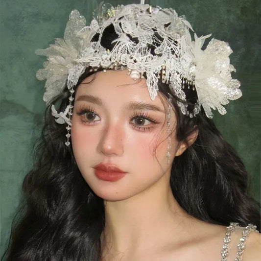 vzyzv  -  New Retro Super Fairy Sweet Bridal Lace Crystal Tassel Head Hat Wedding Dress Photo Wedding Dress Headgear Accessories