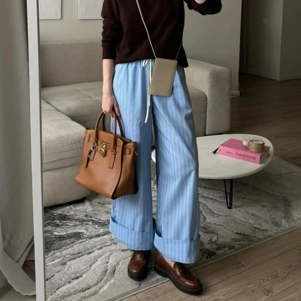 vzyzv  -  Women's Casual Striped Print Straight Pants y2k Clothes Drawstring Elastic Waist Loose Wide Leg Pants Trousers with Pockets