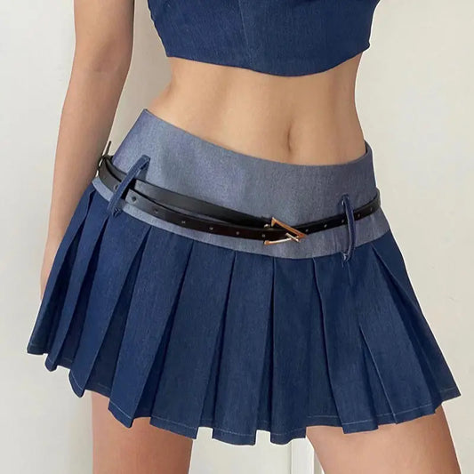 vzyzv  -   Pleated Stitching, Contrasting Colors + Belt To Cover Crotch Slimming Sweet And Spicy Skirt Short Skirt American Style For Women