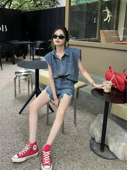 vzyzv -  Sweet Hot Girl Casual Suit Women's Summer Sleeveless Denim Tank Top High Waisted Shorts Two-piece Set Fashion Female Clothes