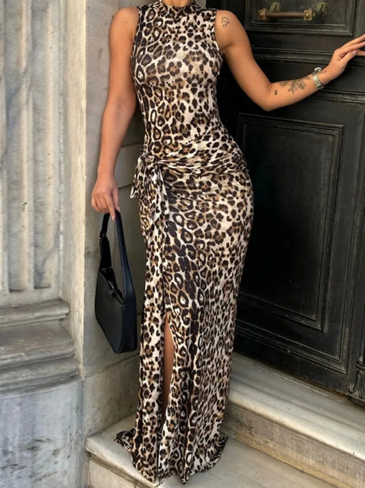 vzyzv  -   Woman Elegant Leopard Print Bandage Long Dress  Summer Sexy O-neck Sleeveless Tunics Bodycon Slit Evening Party Dresses