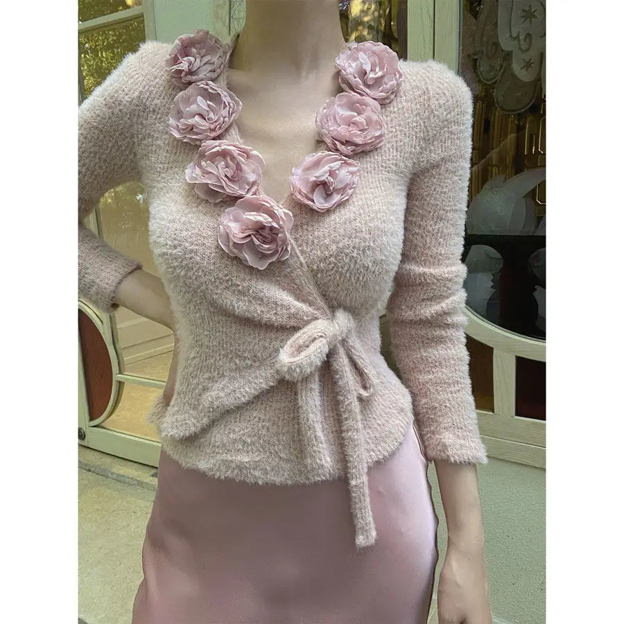 vzyzv  -  Pullover 3D Flowers French Vintage Slim Women Korean Long Sleeve Elegant Tops Female Retro Knitted Chic Fairy Clothing