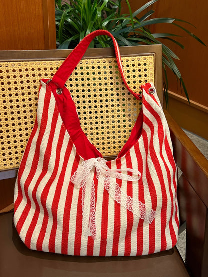 vzyzv  -  Korean Striped Large Capacity Canvas Bags 2024 New Commuting Student Class Shoulder Tote Bag