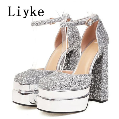 TAVIMART  -  New Fashion Glitter Sequined Cloth Women Pumps Platform Chunky High Heels Sexy Party Wedding Banquet Shoes Size