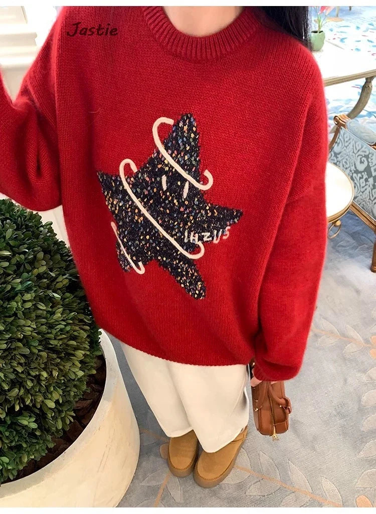 vzyzv  -  Creative Star Jacquard Cute Christmas Sweater 2025 New Round Neck Fashion Women Winter Pullover Top