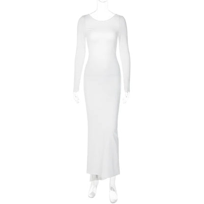 TAVIMART  -  new solid color sexy backless dress pleated long style slim dress with long sleeves