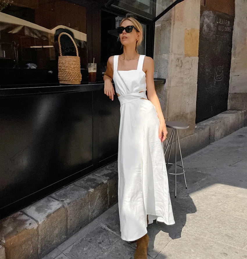 vzyzv  -  Summer White Elegant Midi Dress Women  New Chic Sleeveless Waist Hollow Out Long Dresses Streetwear Fashion Lace-up Vestidos