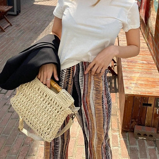 vzyzv -  Fashion Bamboo Handle Straw Bags Designer Women Handbags Luxury Wicker Woven Shoulder Bags Summer Beach Rattan Purses Large Tote