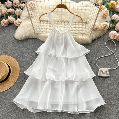 nvxiot  -  Holiday Sweet Organza Gauze Gentle Style Ruffled Halter Dress Women Sleeveless Loose Strap Short Dress Summer Beach Mini Dress