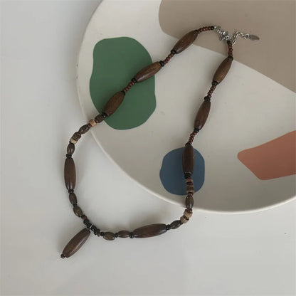 vzyzv  -  Coffee Color Retro Pendant Necklace for Women Trend Girls Jewelry New Chinese Handmade Stone Wood Beaded Chain Birthday Gifts