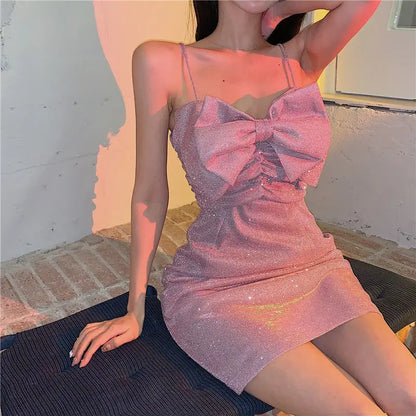 vzyzv -  Sling Dress Glitter Sexy Pink Bow Women Mini Summer Dress Y2k Party Night Backless Slimming Streetwear Dress 2024 New