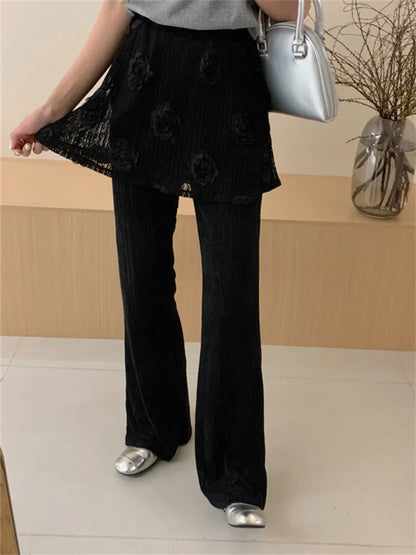 vzyzv -  New Slim Flare Fake Two Piece Trousers Women Loose Wide Leg All Match High Street Summer Chic Pants Florals Casual