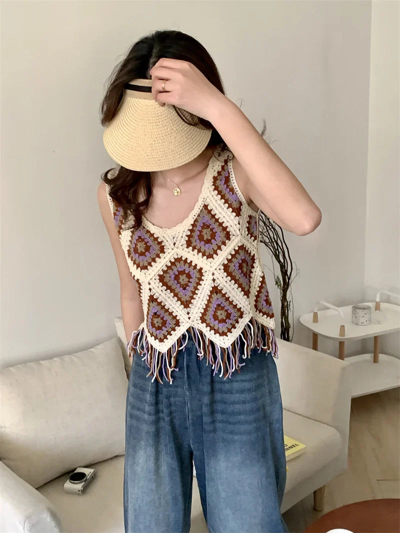 vzyzv -  Sweet Hot Girl Retro Hook Flower Hollowed Out Tassel Vest Women's Summer Ethnic Style Strap Knitted Top Fashion Female Clothes