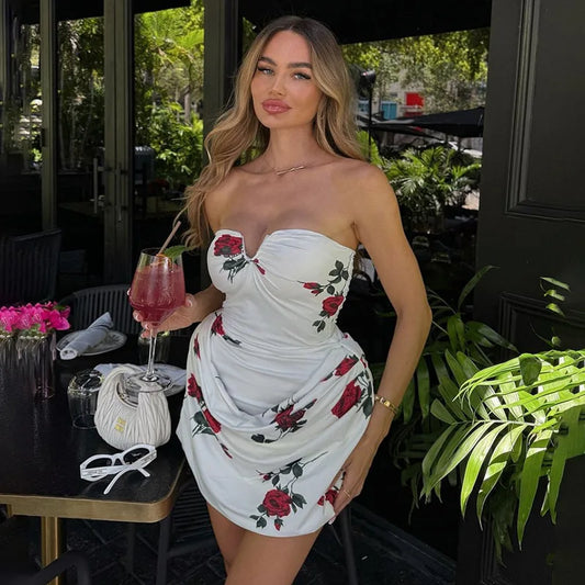 vzyzv  -  Rose Print Strapless Dress Women Summer Sexy Small V-Neck Chic Ruched Vestidos Birthday Club Party Bodycon Robe