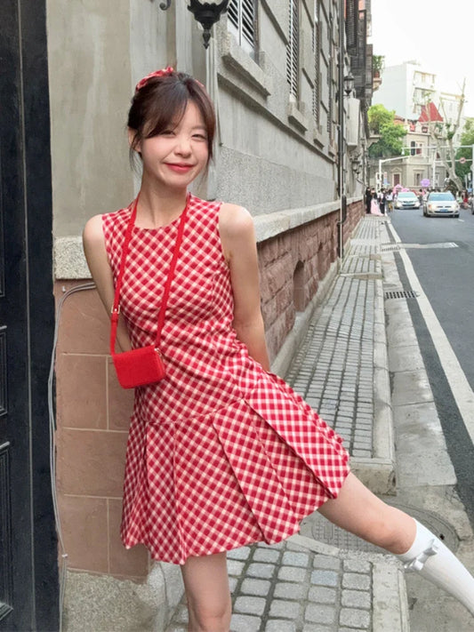 vzyzv  -   Y2k Red Sleeveless Tank Mini Dresses for Women Vintage Plaid Pleated Low Wasit Dress Summer Korean Cutecore Clothes Chic