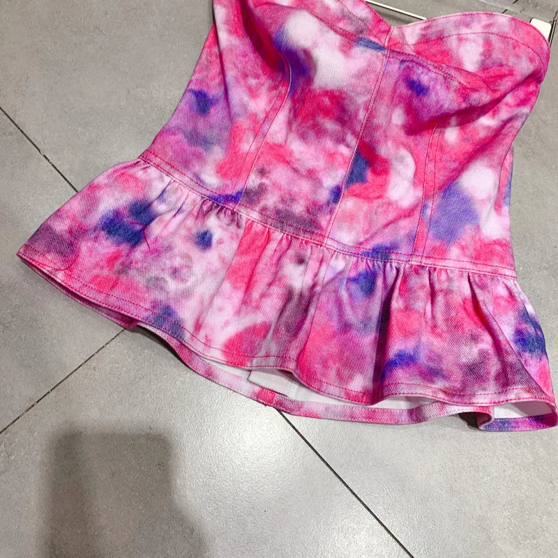 TAVIMART  -  Backless Sexy Pink Tie Dyed Tank Tops for Women Summer Fashion Denim Cropped Top Female Vests Y4038