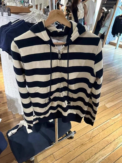 vzyzv  -  Casual Women Black And Beige Striped Sweatshirts Autumn Vintage Pocket Hooded Long Sleeve Coats Female Chic Zipper Outwears