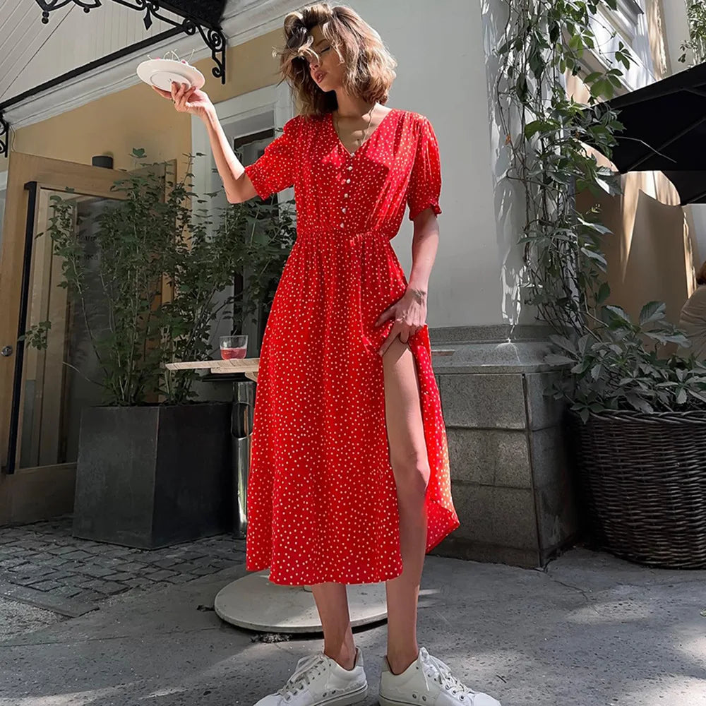 vzyzv  -  Summer Elegant Dot Long Dress Women V Neck Single Breasted Short Sleeve High Split Casual Fashion Streetwear Red Robes