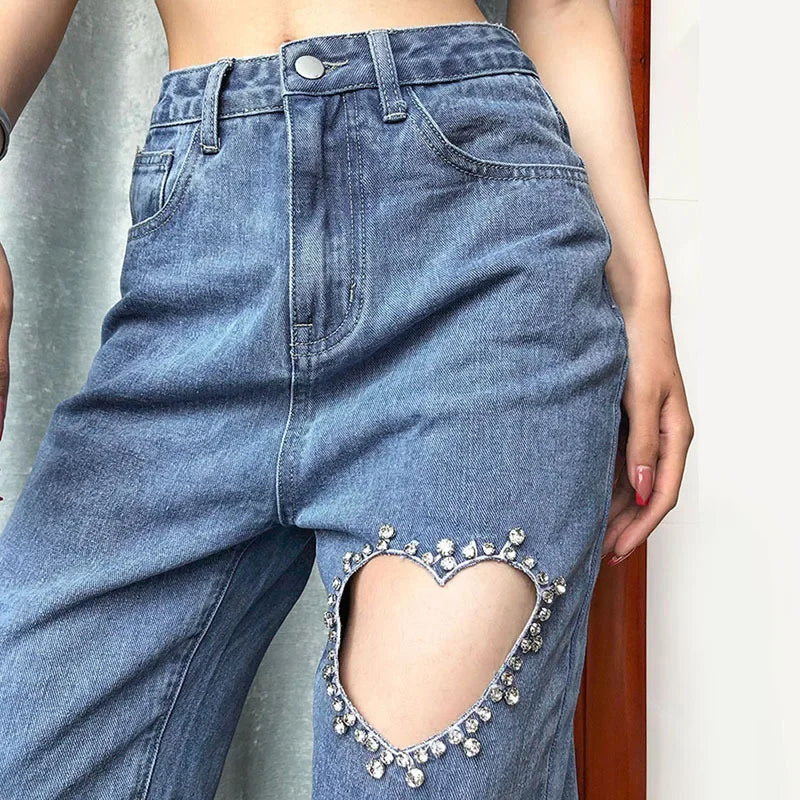 vzyzv  -  Female Mom Jeans High Waist Women Blue Heart Hole Diamond Denim Trousers Straight Leg Baggy Ripped Pants Streetwear Jeans