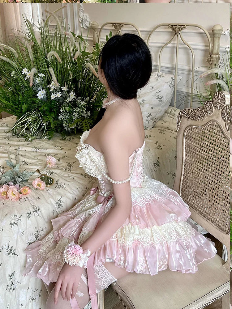 vzyzv -  Fairy Spring and Summer Lace Romantic Atmosphere Slimming Dress Pink Apricot Ruffled Tube Top Mini Princess Dresses for Party