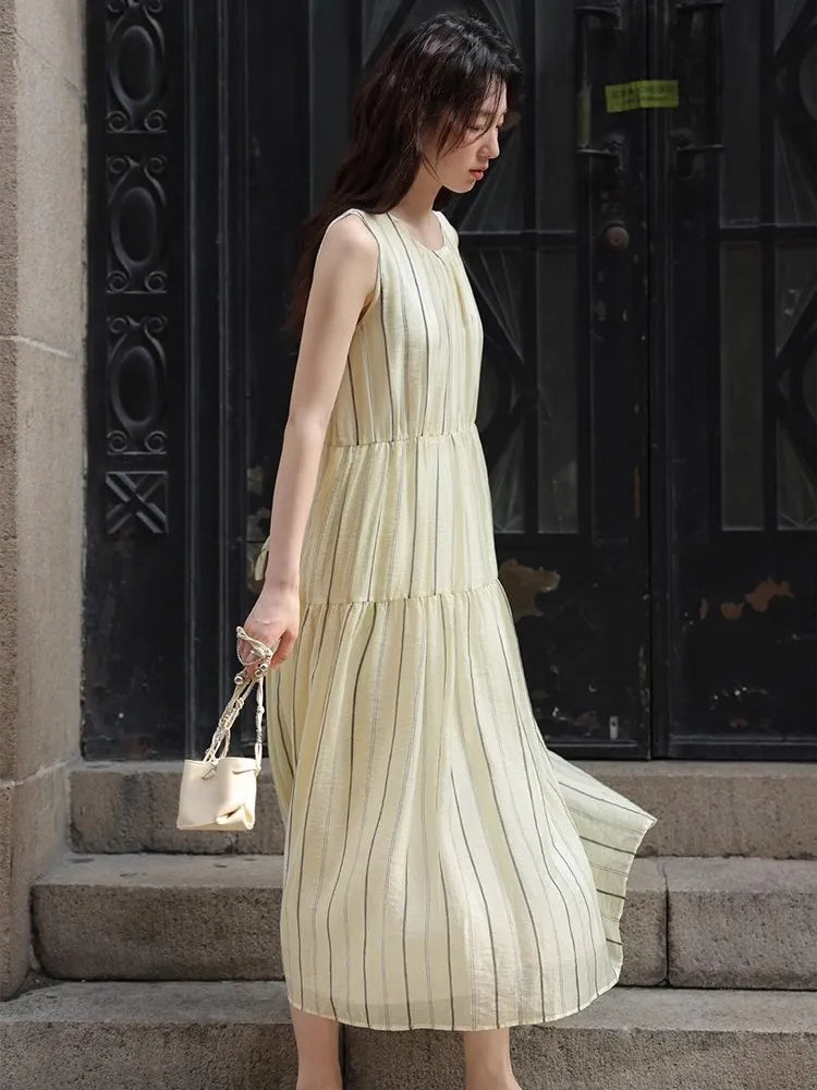 nvxiot  -  Loose Striped Dress 2024 Summer Small Fresh Round Neck Tie Fashion Casual Temperament Long Skirt