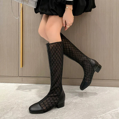 TAVIMART  -  Knee High Mesh Hollow Out Lace Women Boots Round Toe Low Heels Solid Color New Fashion Elegant Concise Sweet Sexy Female Shoes