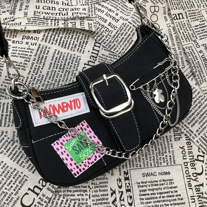 vzyzv  -  Korean Vintage Hottie Streetwear Moto Biker Shoulder Bag Y2k Chain Cool Girl Crossbody Bag Fashion Trendy Purses and Handbags