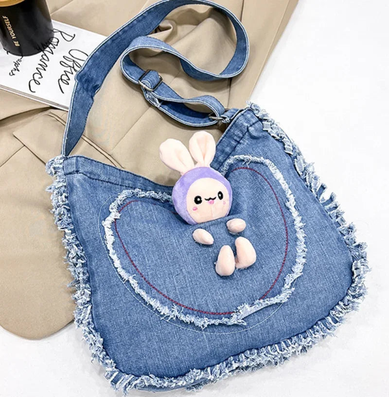 vzyzv  -   High-capacity Canvas Heart Handbags Casual Sweet Tassel Shoulder Bag Cartoon Cute Rabbit Doll Kawaii Denim Crossbody Bags Women