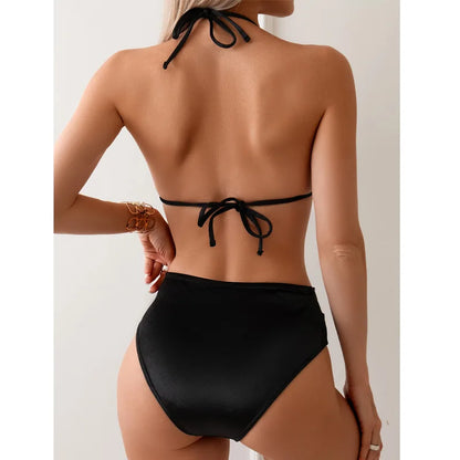 nvxiot  -  European And American Sexy Bikini Swimsuit Women's Solid Color Neck Hanging Tie Three Point Tight Backless Swimsuit