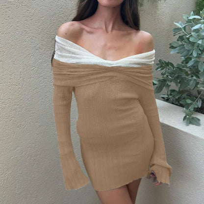 vzyzv  -  Sexy One-Shoulder Color Block Knitted Dress Female Long-Sleeved Slim Thin Sweater Mini Dress Backless Party Club Outfits