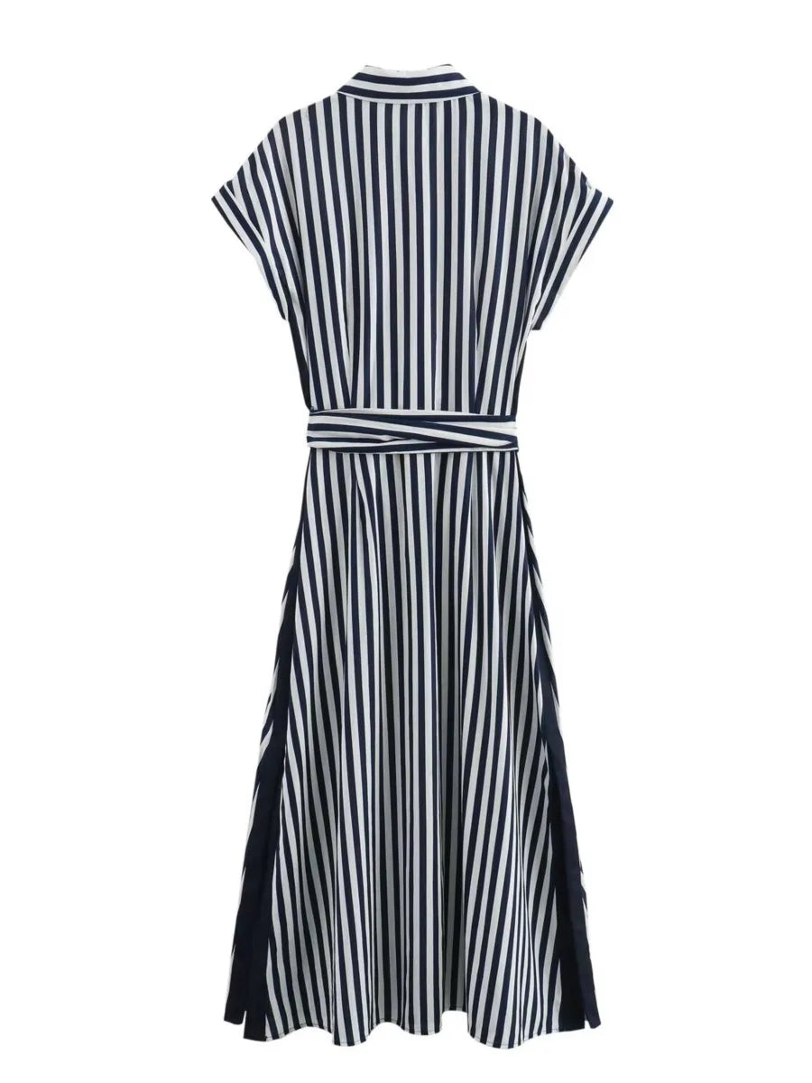 New Striped Elegant Long Dress Women Single Breasted Lace-up Short Sleeve Midi Dresses  Summer Casual Fashion Lady Vestidos