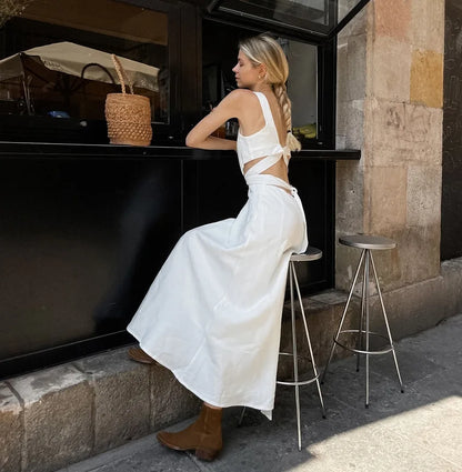 vzyzv  -  Summer White Elegant Midi Dress Women  New Chic Sleeveless Waist Hollow Out Long Dresses Streetwear Fashion Lace-up Vestidos