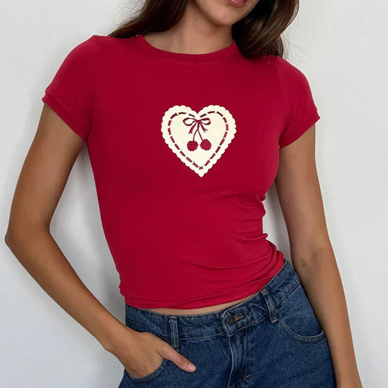 vzyzv  -  Sweet Heart Shape Print Cropped T Shirt Casual Slim O-Neck Short Sleeve Tees Women Summer Fashion Streetwear T Shirt Tops