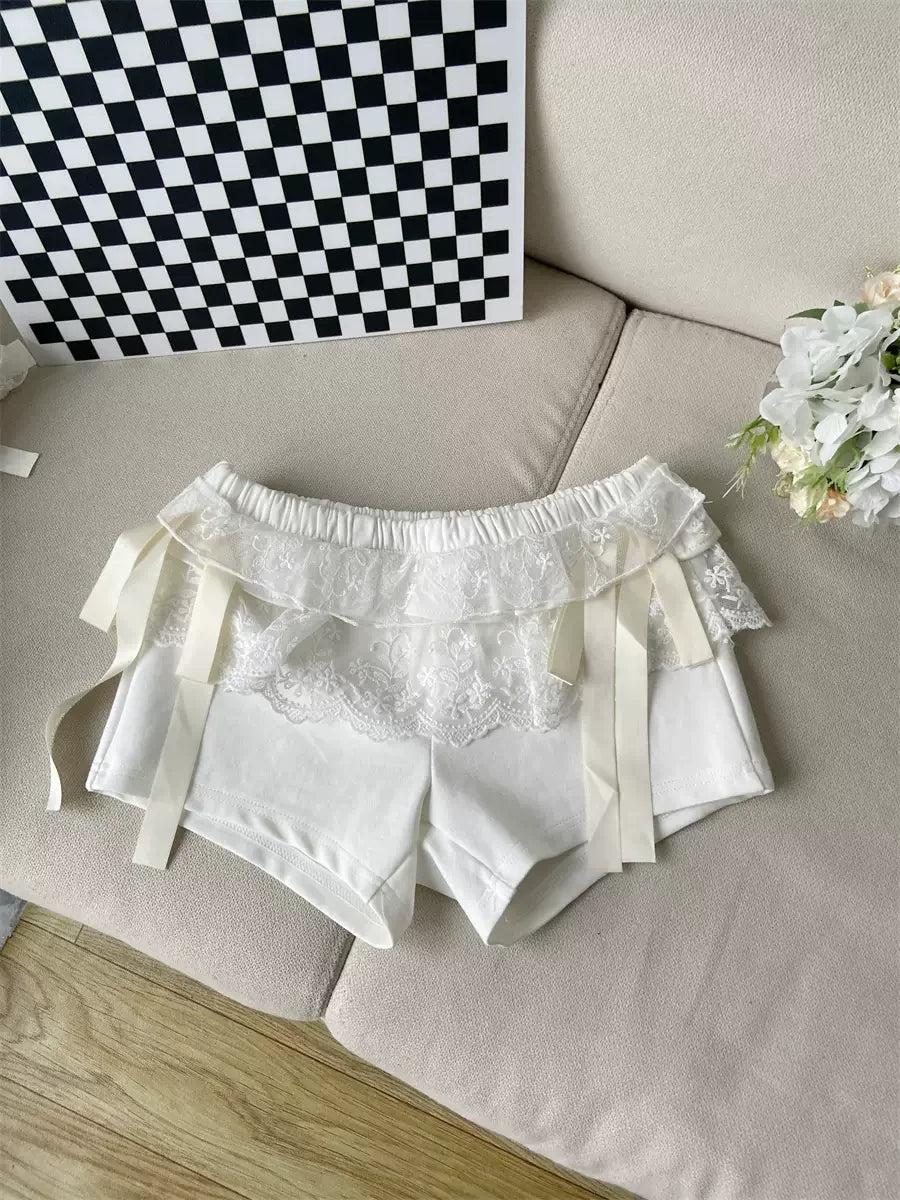 TAVIMART  -  Lace Patchwork Black Shorts Women Bow Elastic Waist Sexy Girl Tight Short Pants Summer Ballet Style Chic Kawaii Clothes